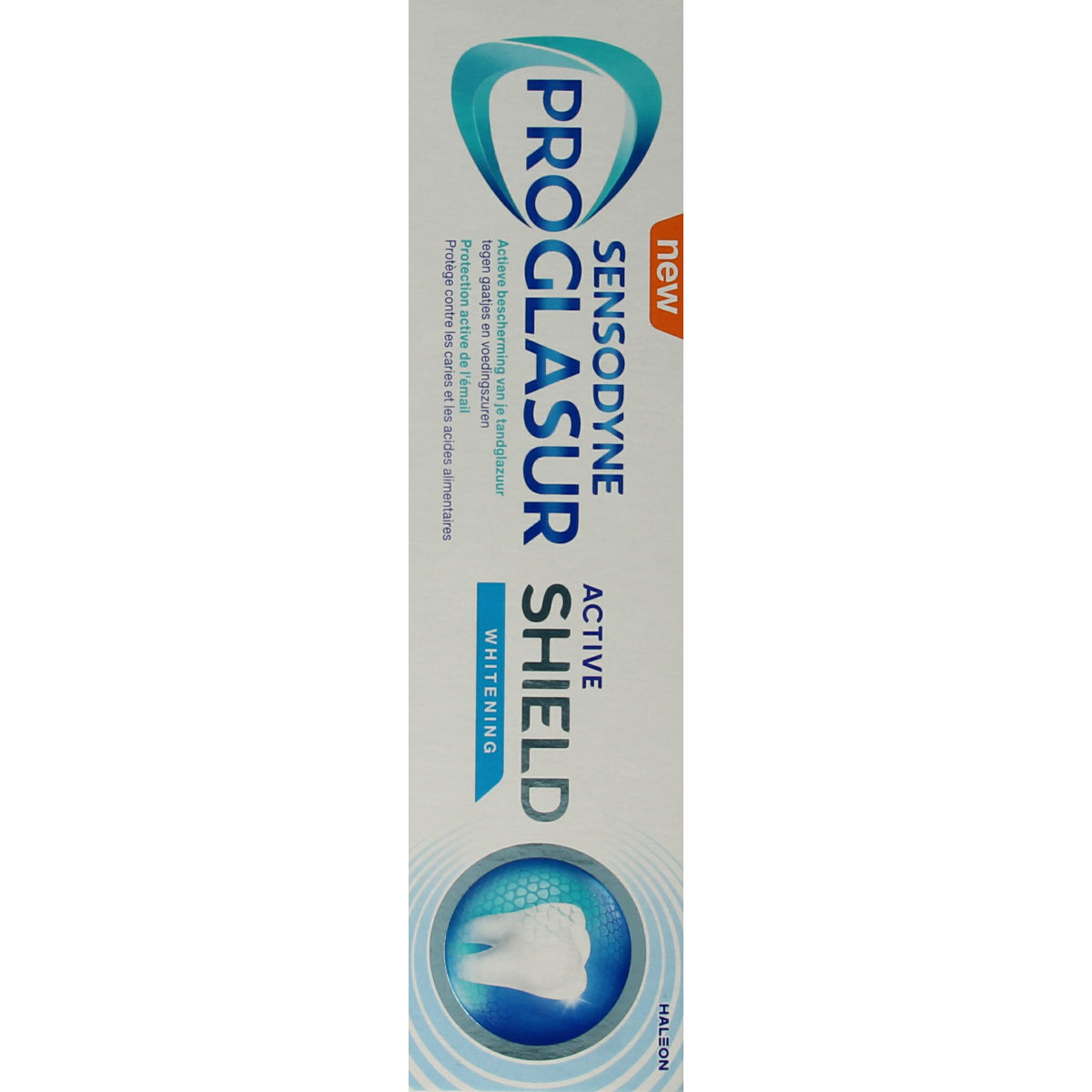 Sensodyne whitening toothpaste in a 75ml tube, featuring active shield protection for sensitive teeth and brightening.