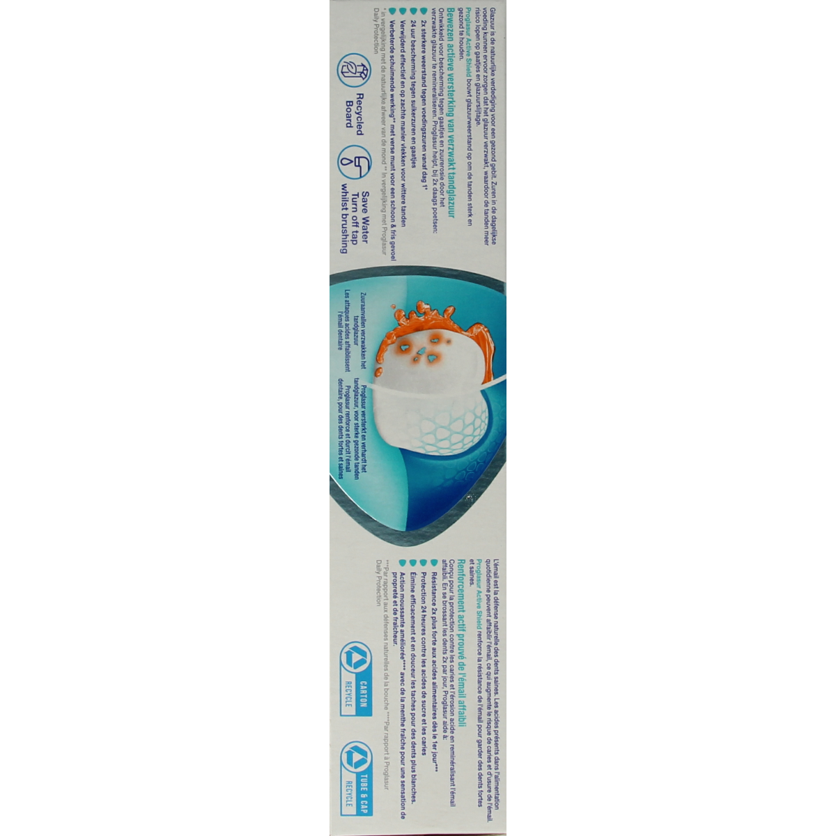 Sensodyne Proglasur Active Shield Whitening toothpaste in 75ml tube, featuring protective and whitening properties.