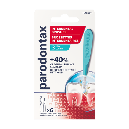 Parodontax Interdental size 3 teeth cleaners and picks, 6-pack, with compact design for effective interdental cleaning.