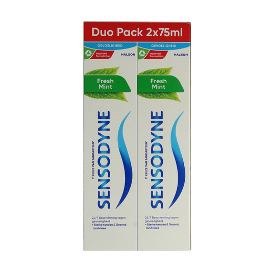Sensodyne Fresh Mint Toothpaste 2 x 75ml tubes showing the toothpaste tube with mint flavor branding