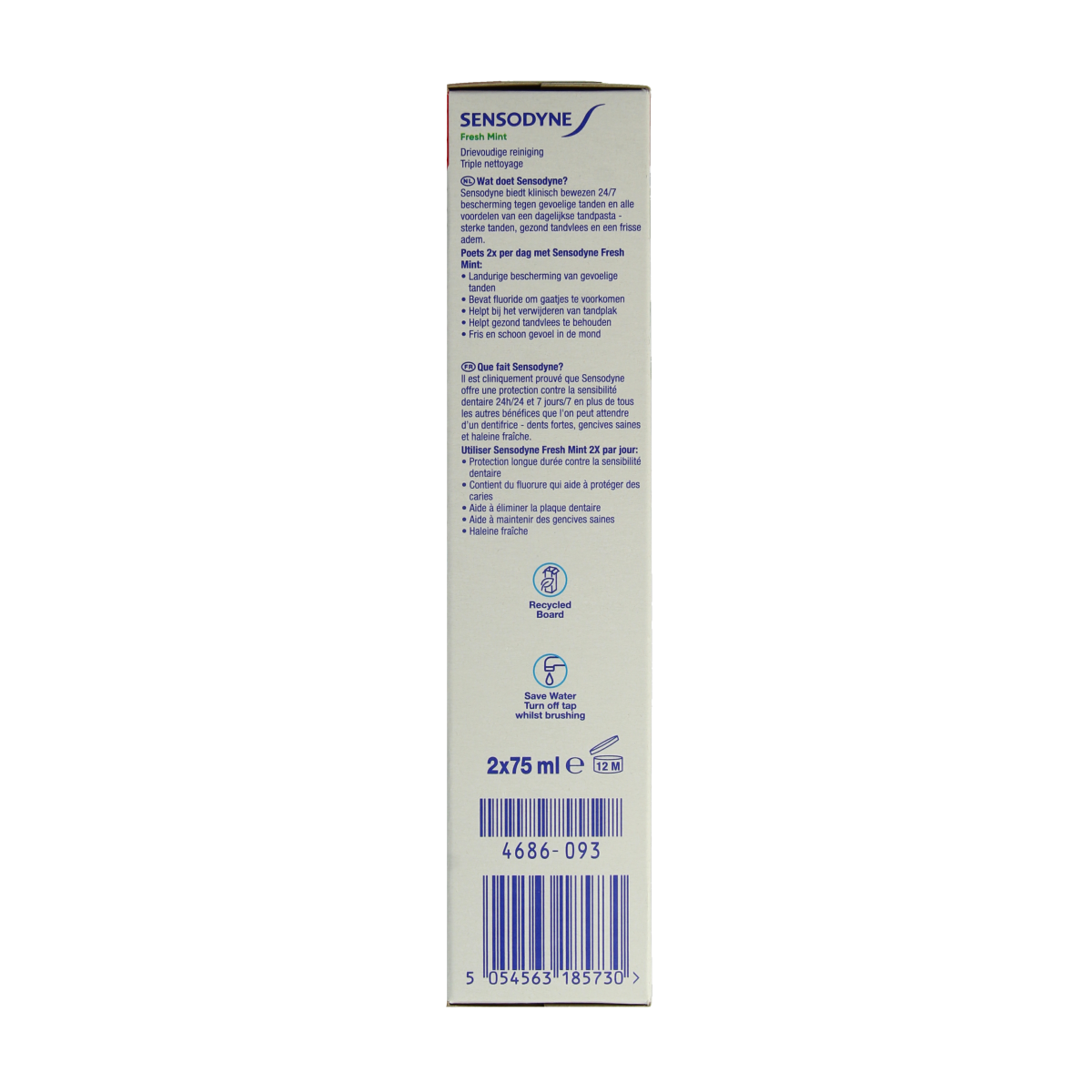 Sensodyne Fresh Mint toothpaste 2 x 75ml tube, gentle whitening and cavity protection, with fresh mint flavor.
