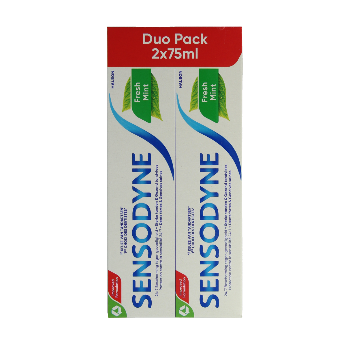 Sensodyne Fresh Mint toothpaste, 2 x 75ml tubes, for sensitive teeth and fresh breath, with visible mint flavor and toothpaste texture.