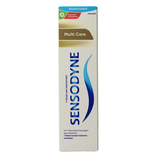 Sensodyne Multicare toothpaste in a 75ml tube, designed for sensitive teeth and oral health.