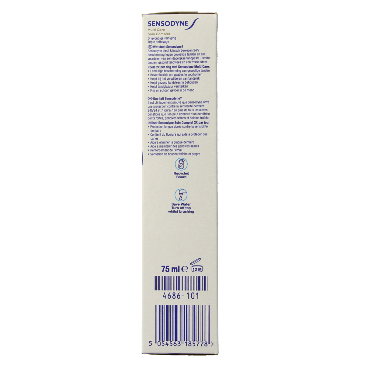 Sensodyne Multicare toothpaste 75ml tube with mint flavor and whitening formula, designed for sensitive teeth and oral health.