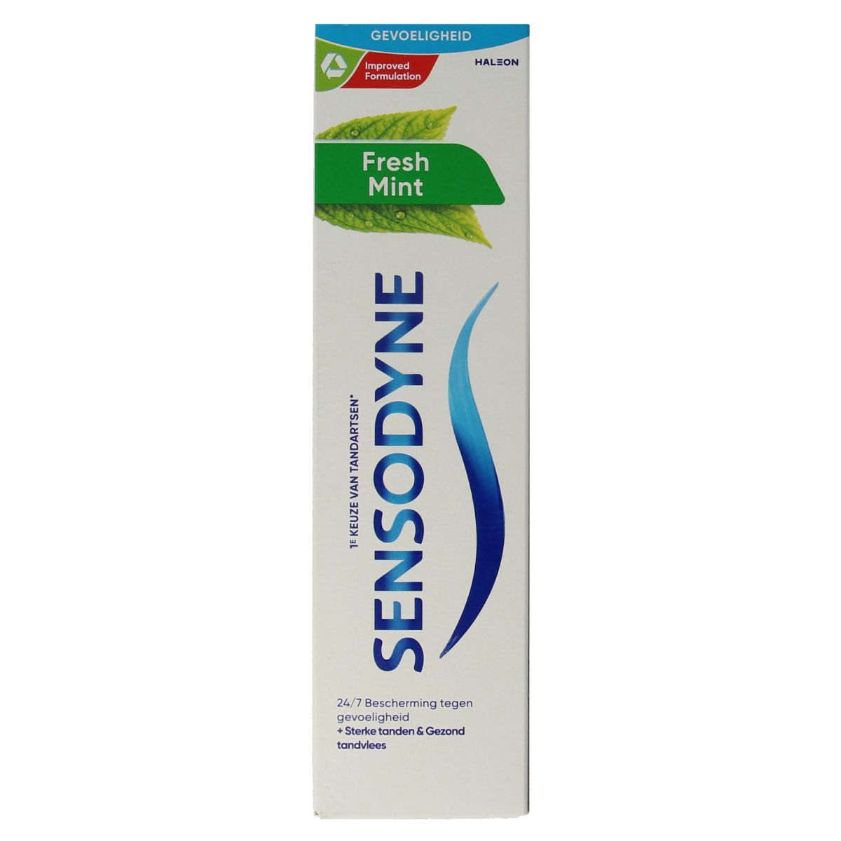 Sensodyne Fresh Mint toothpaste in a 75ml tube, designed for sensitive teeth and fresh breath.