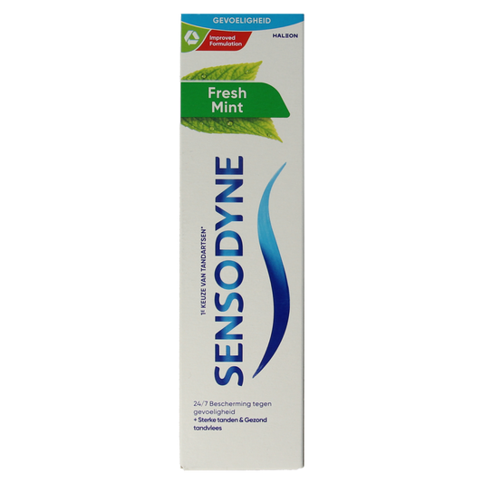 Sensodyne Fresh Mint toothpaste in a 75ml tube, designed for sensitive teeth and fresh breath.