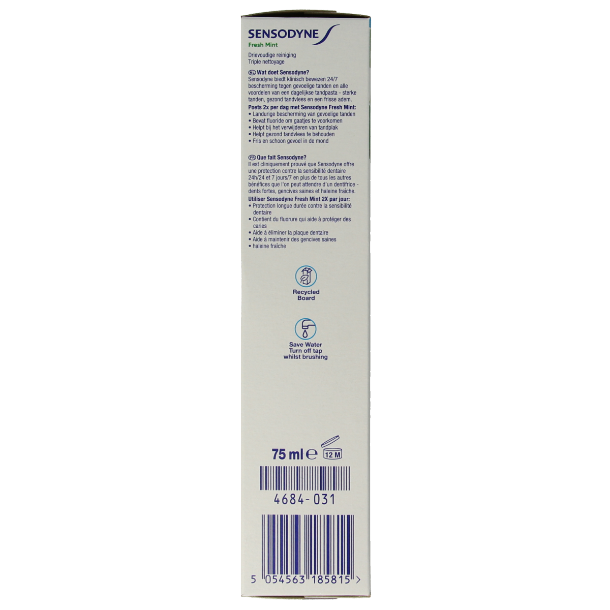 Sensodyne fresh mint toothpaste in a 75ml tube, featuring mint flavor and designed for sensitive teeth.