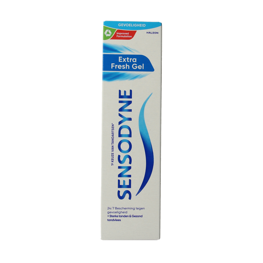 Sensodyne Extra Fresh Gel toothpaste in a 75ml tube, designed for sensitive teeth and fresh breath.