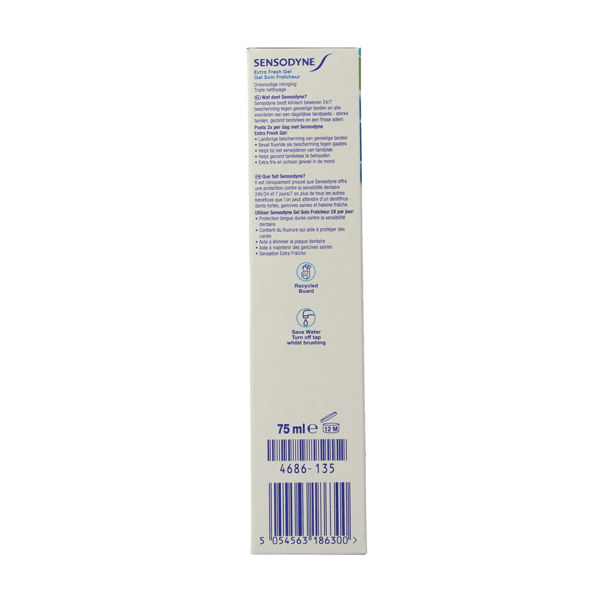 Sensodyne Extra Fresh Gel toothpaste in 75ml tube, designed for sensitive teeth and fresh breath.