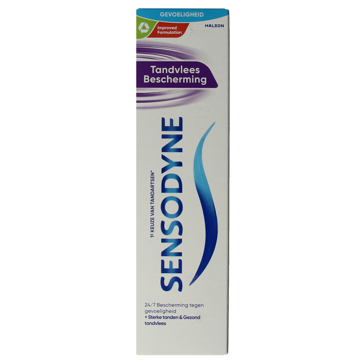 Sensodyne tandpasta voor tandvleesbescherming, 75 ml tube, dental care product with blue and white packaging visible.