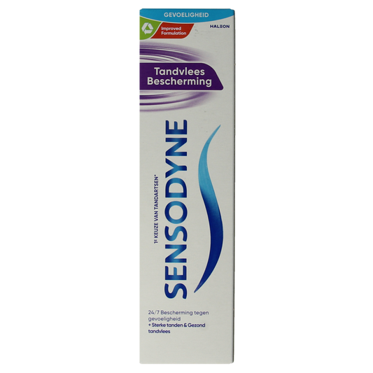 Sensodyne tandpasta voor tandvleesbescherming, 75 ml tube, dental care product with blue and white packaging visible.