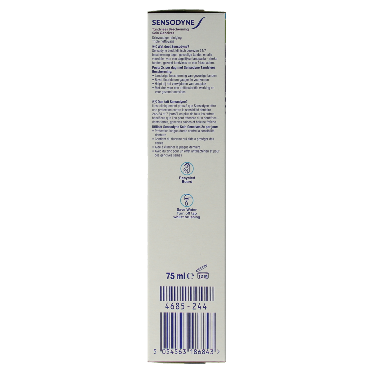Sensodyne tandpasta voor tandvleesbescherming, 75 ml tube, mild formule for sensitive teeth and gums.