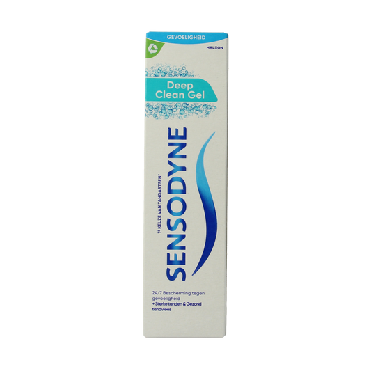 Sensodyne Deep Clean Gel toothpaste in 75ml tube, showing the white and blue packaging and product label.