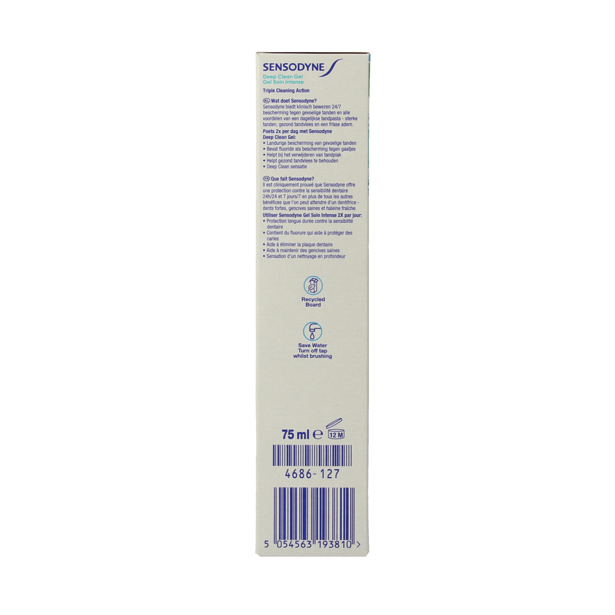 Sensodyne Deep Clean Gel toothpaste in a 75ml tube, designed for sensitive teeth and effective deep cleaning.