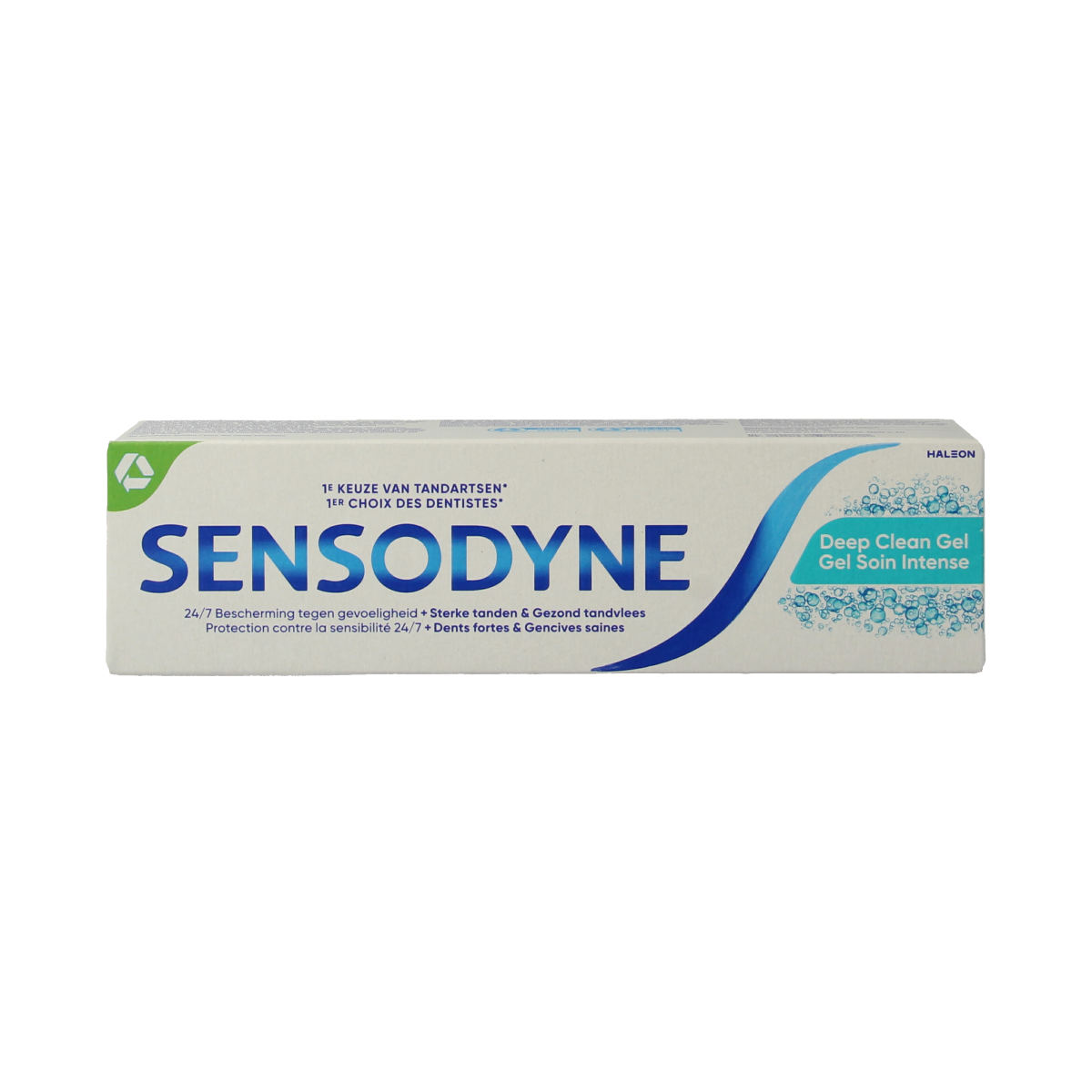 Sensodyne deep clean gel toothpaste in 75ml tube, designed for sensitive teeth, with a smooth, white gel texture.