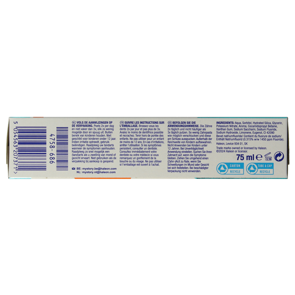 Sensodyne Fresh & Clean toothpaste 75ml tube showing the white and blue packaging for sensitive teeth care.
