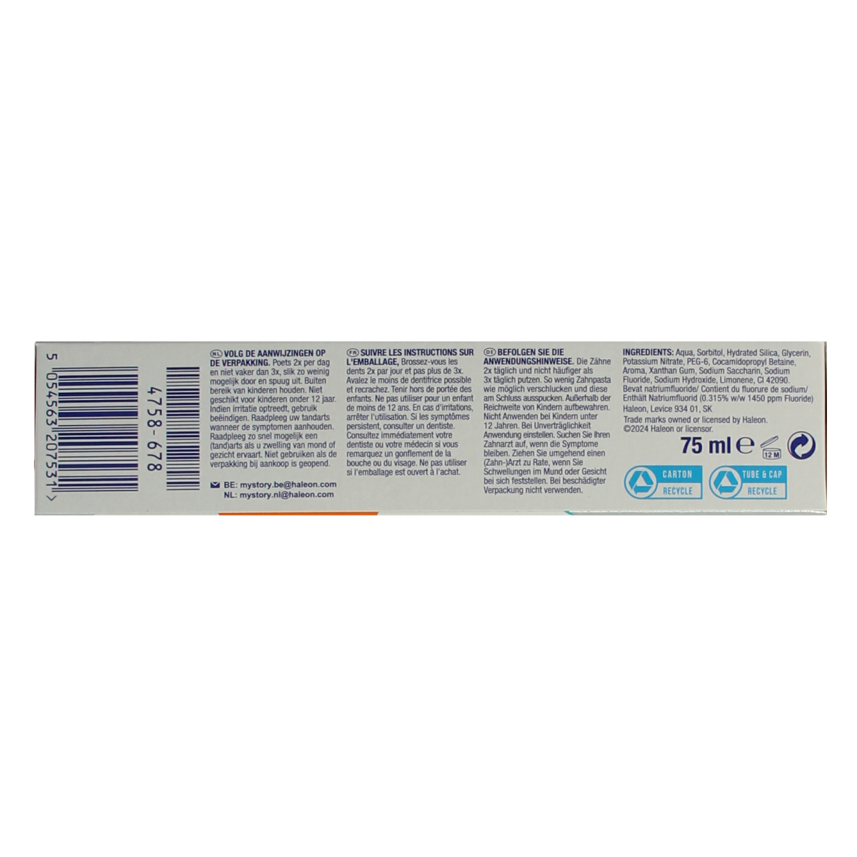 Sensodyne Gentle White toothpaste 75ml tube with white and blue packaging, designed for sensitive teeth whitening.