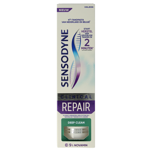 Sensodyne Clinical Repair Deep Clean toothpaste in a 75ml tube, designed for sensitive teeth and deep cleaning.