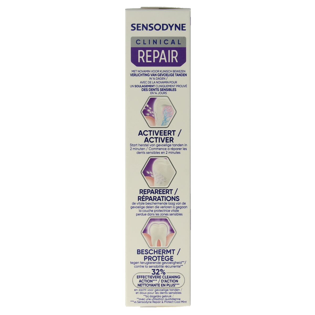 Sensodyne Clinical Repair Deep Clean toothpaste tube, 75ml, white and blue packaging with brand logo and product description.