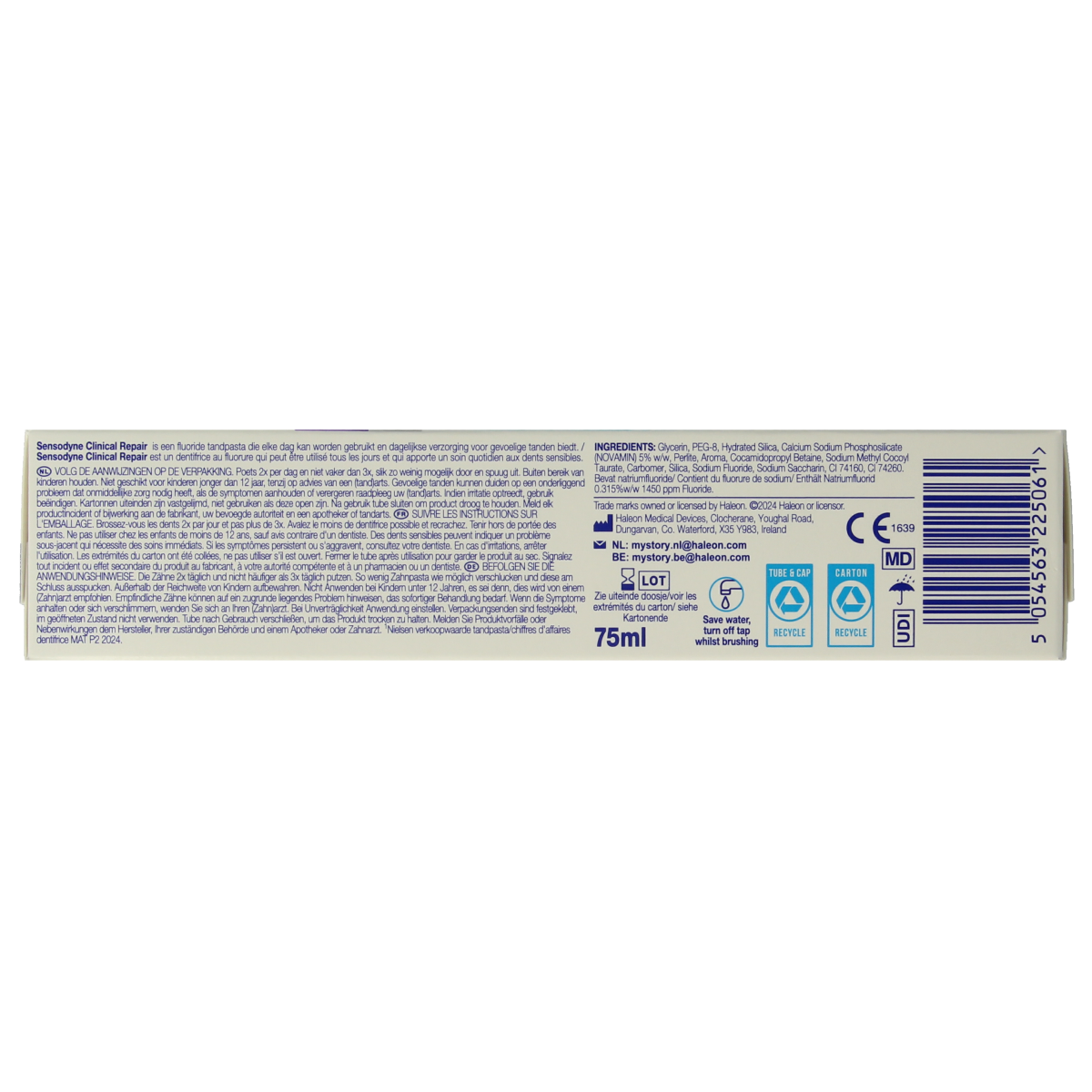 Sensodyne Clinical Repair Deep Clean toothpaste tube showing 75ml size and distinctive Sensodyne branding.