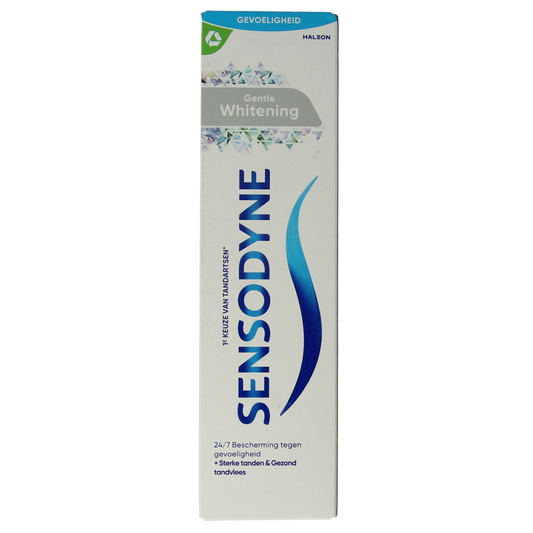 Sensodyne gentle whitening toothpaste in 75ml tube, featuring mild whitening formula and Sensodyne branding.
