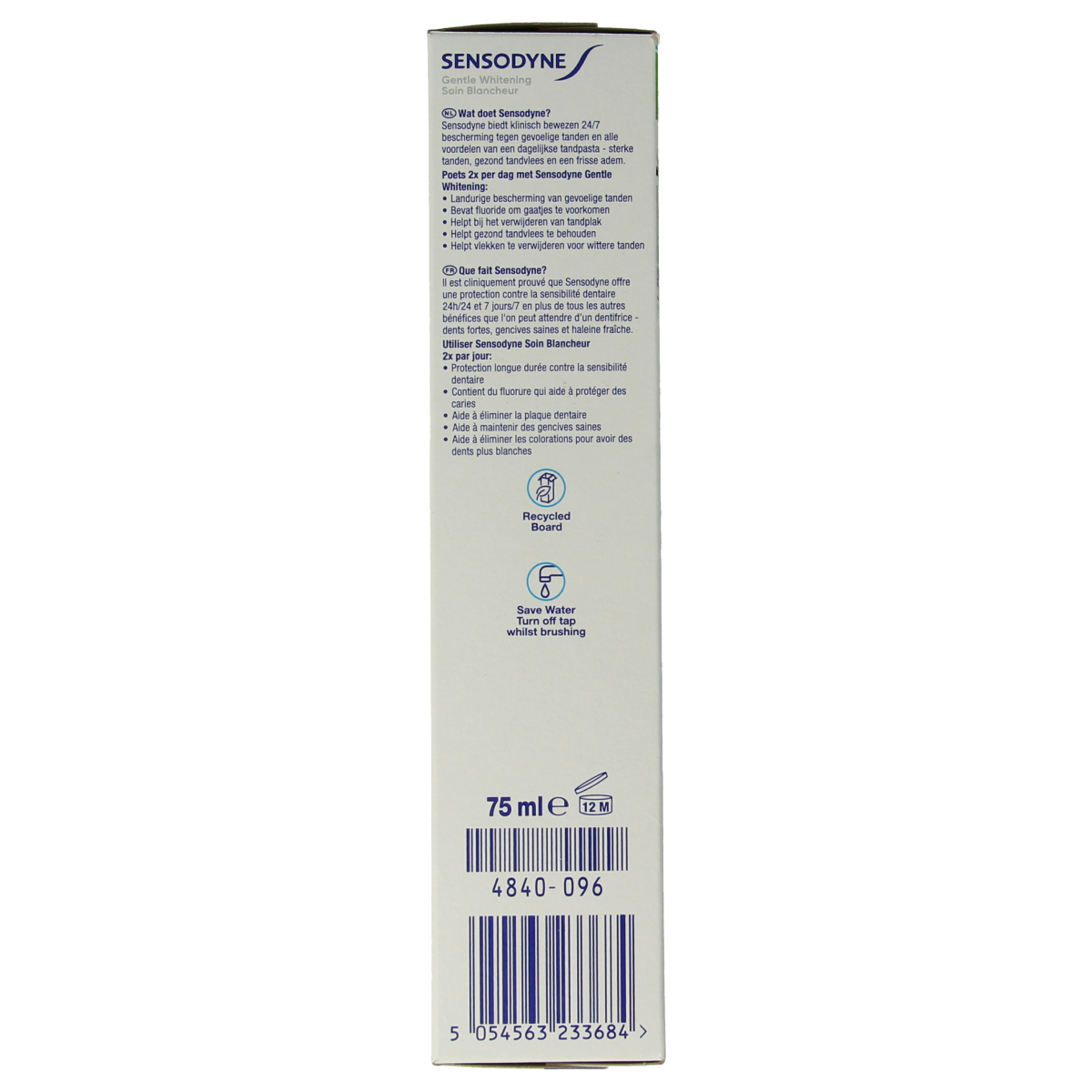 Sensodyne gentle whitening toothpaste in a 75ml tube, designed for sensitive teeth and natural whitening.