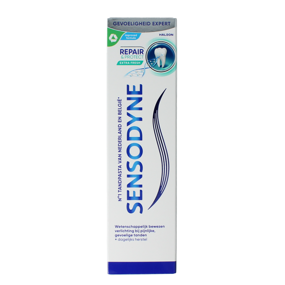 Sensodyne Repair & Protect extra fresh toothpaste in 75ml tube, showing the toothpaste tube with brand logo and fresh mint flavor.