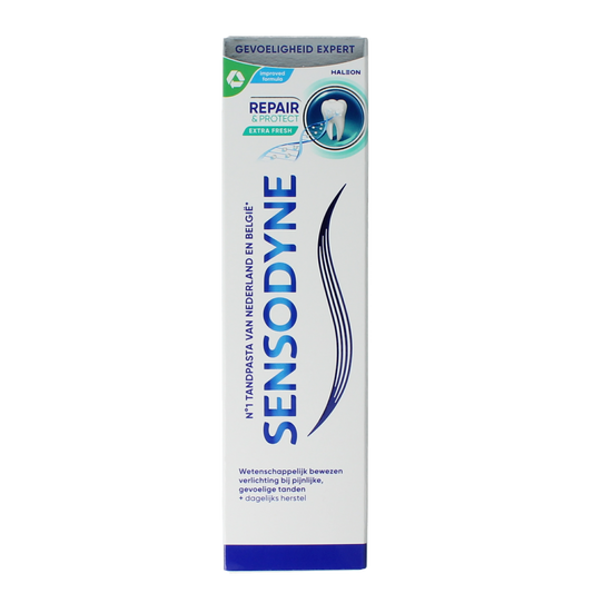 Sensodyne Repair & Protect extra fresh toothpaste in 75ml tube, showing the toothpaste tube with brand logo and fresh mint flavor.