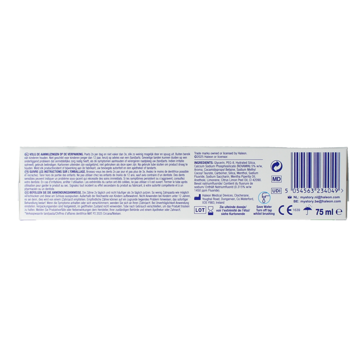 Sensodyne Repair & Protect Extra Fresh toothpaste tube, 75ml, with mint flavor for sensitive teeth and cavity protection.