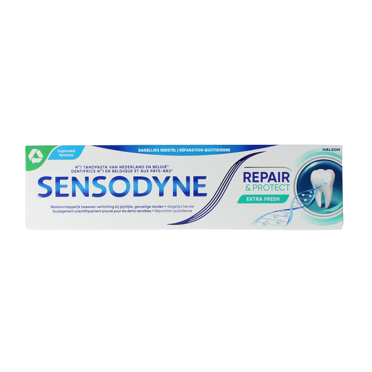 Sensodyne Repair & Protect Extra Fresh toothpaste in 75ml tube, designed for sensitive teeth and fresh breath.