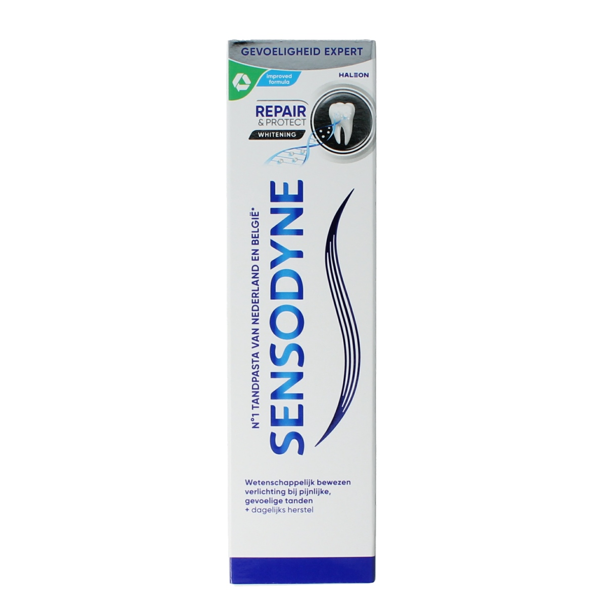 Sensodyne Repair & Protect Whitening toothpaste, 75ml, showing the tube with white and blue packaging and brand logo.