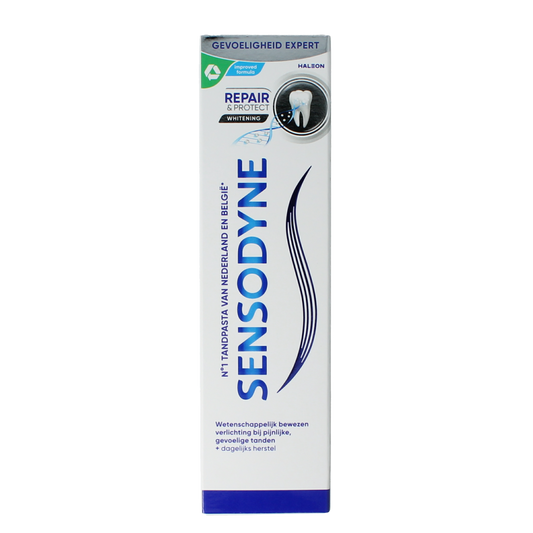 Sensodyne Repair & Protect Whitening toothpaste, 75ml, showing the tube with white and blue packaging and brand logo.