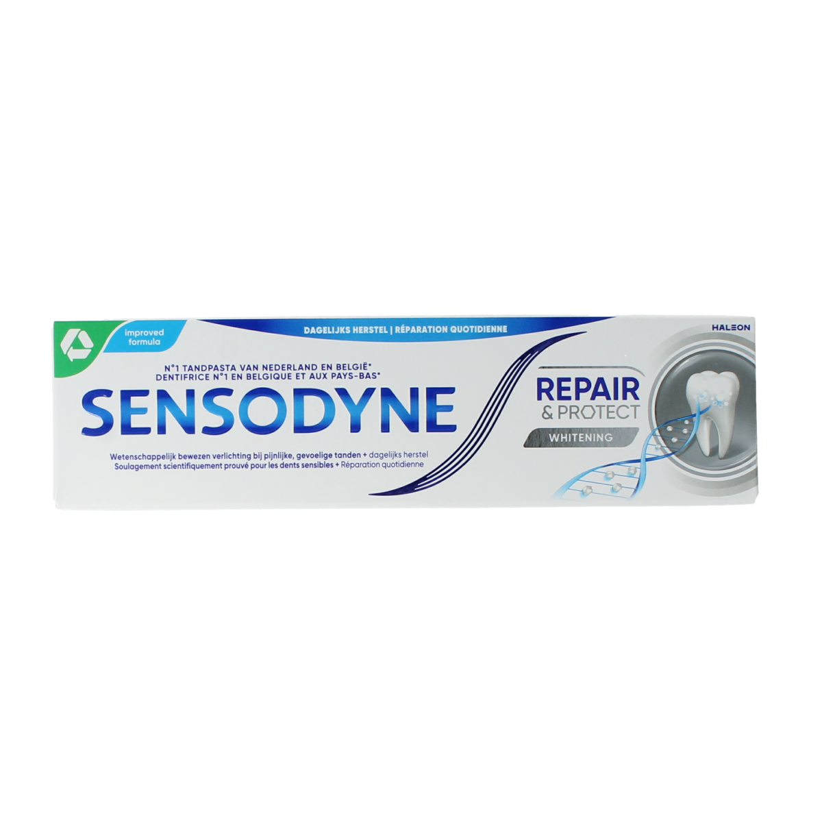 Sensodyne Repair & Protect Whitening toothpaste in 75ml tube, designed for sensitive teeth with whitening benefits