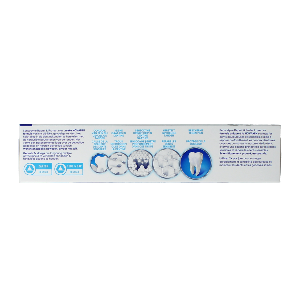 Sensodyne Repair & Protect Whitening toothpaste tube, 75ml, with mint flavor and protective formula for sensitive teeth.