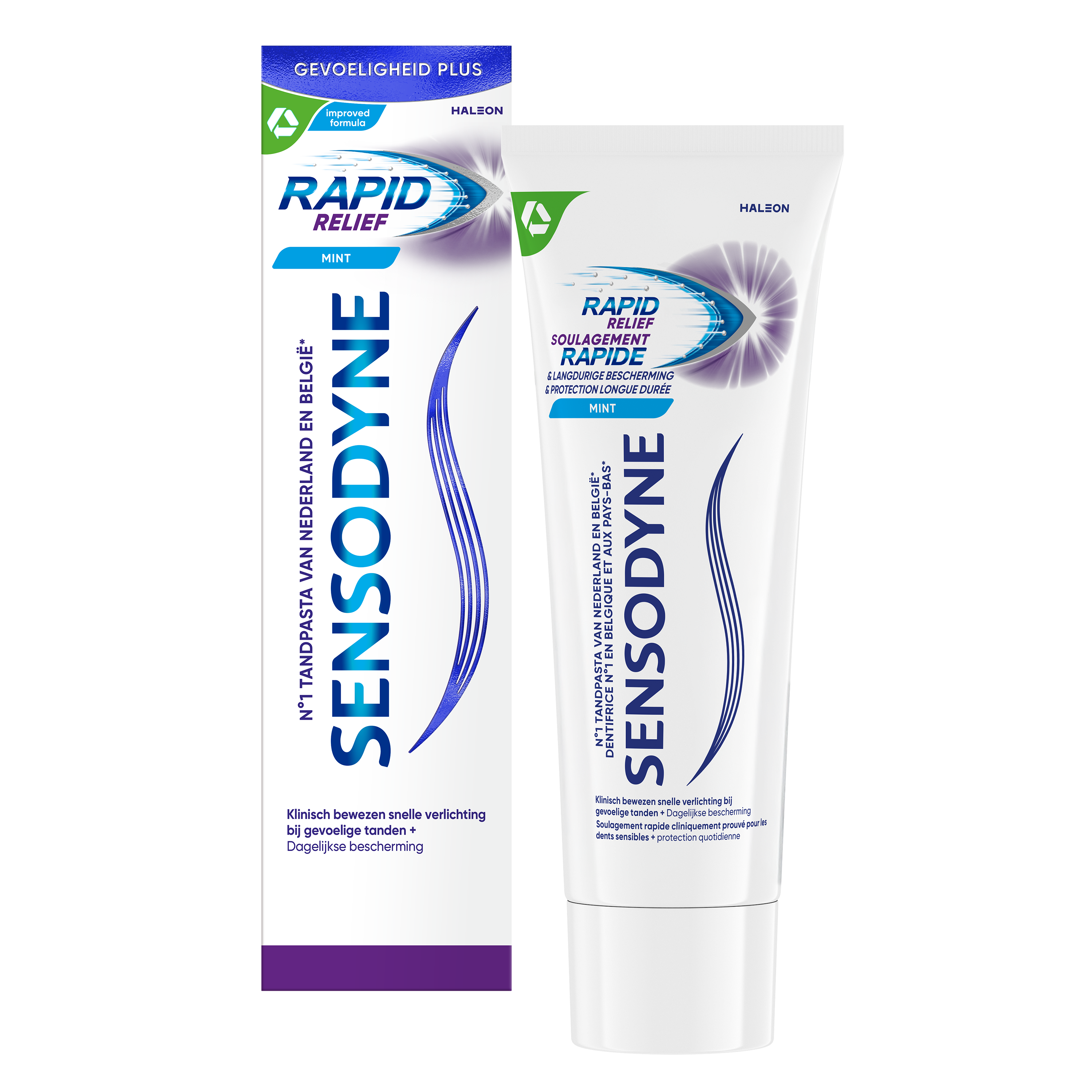 Sensodyne Rapid Relief toothpaste 75ml tube, dental care product for sensitive teeth, with a white and blue packaging design.