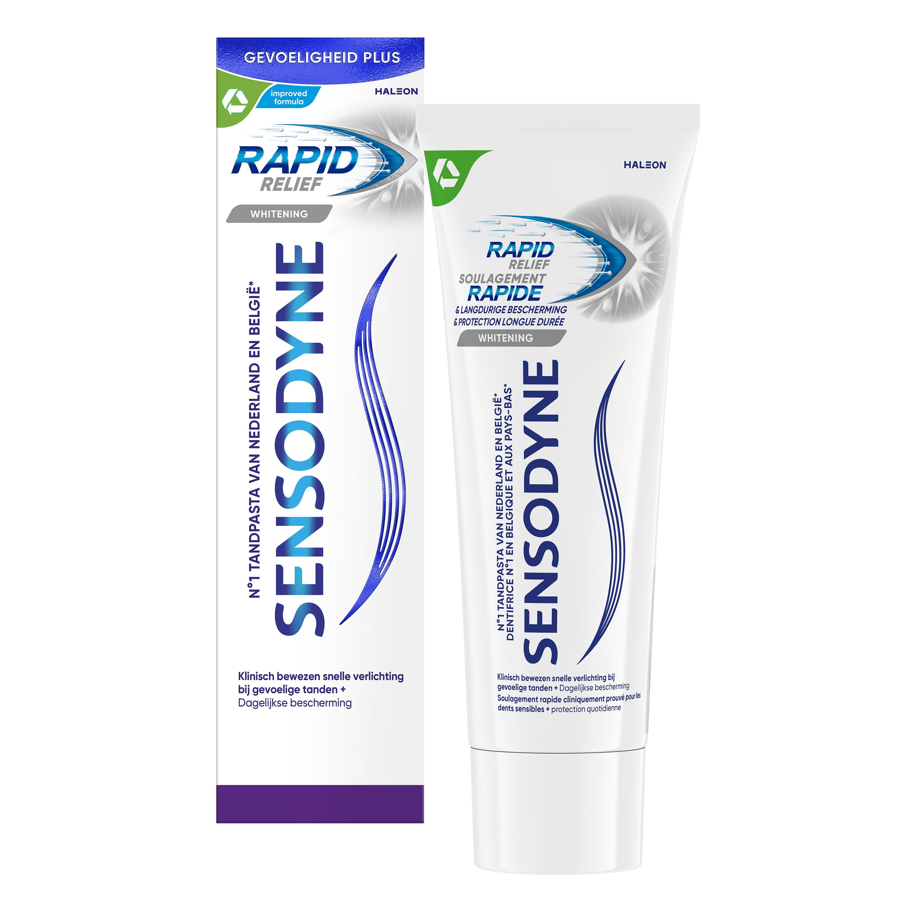 Sensodyne Rapid Relief Whitening toothpaste in 75ml tube, featuring white and blue packaging with mint flavor accents.