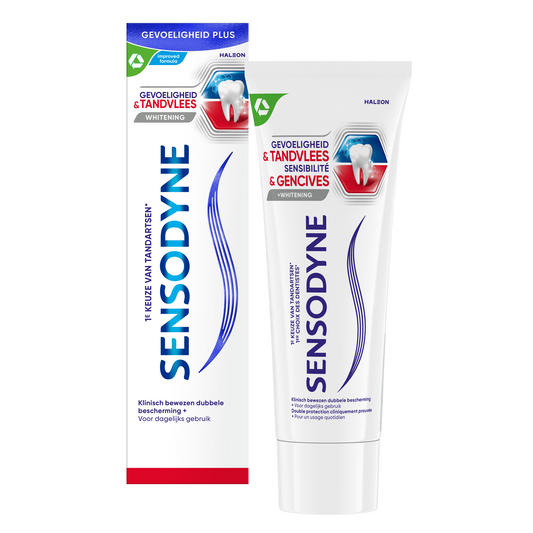 Sensodyne whitening toothpaste for sensitivity and gum health, 75ml tube, with fresh mint flavor and whitening formula.