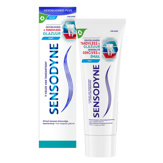 Sensodyne sensitive toothpaste for gums and enamel, 75ml tube, showing the product packaging with branding and toothpaste tube.