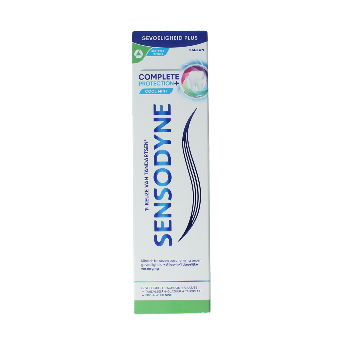 Sensodyne Complete Protection toothpaste 75ml tube showing the white and blue packaging with branding and product details.
