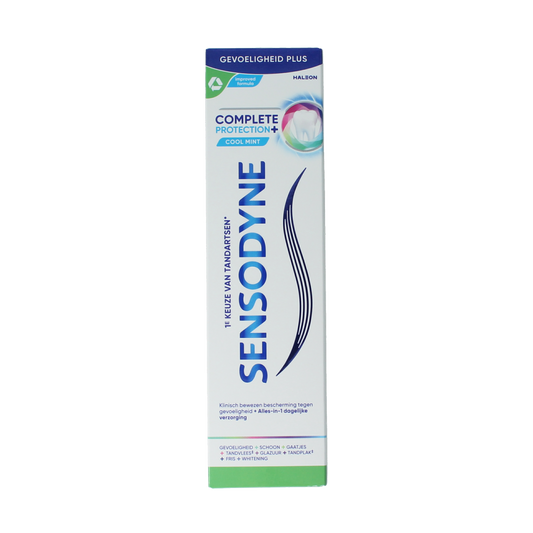 Sensodyne Complete Protection toothpaste 75ml tube showing the white and blue packaging with branding and product details.