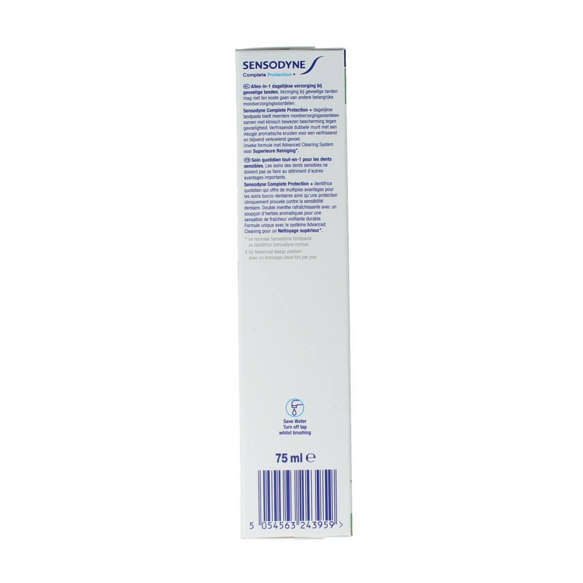 Sensodyne Complete Protection toothpaste 75ml tube, featuring white packaging with blue and green accents, for sensitive teeth.