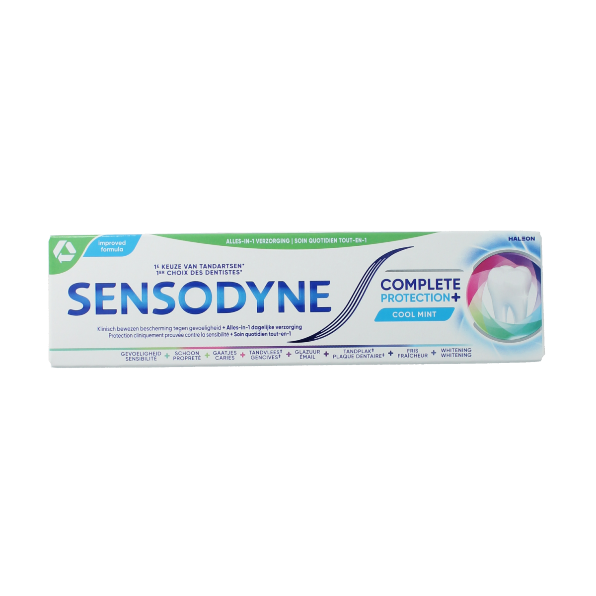 Sensodyne Complete Protection toothpaste tube, 75ml, with mint flavor and dental care benefits, shown in a close-up image.