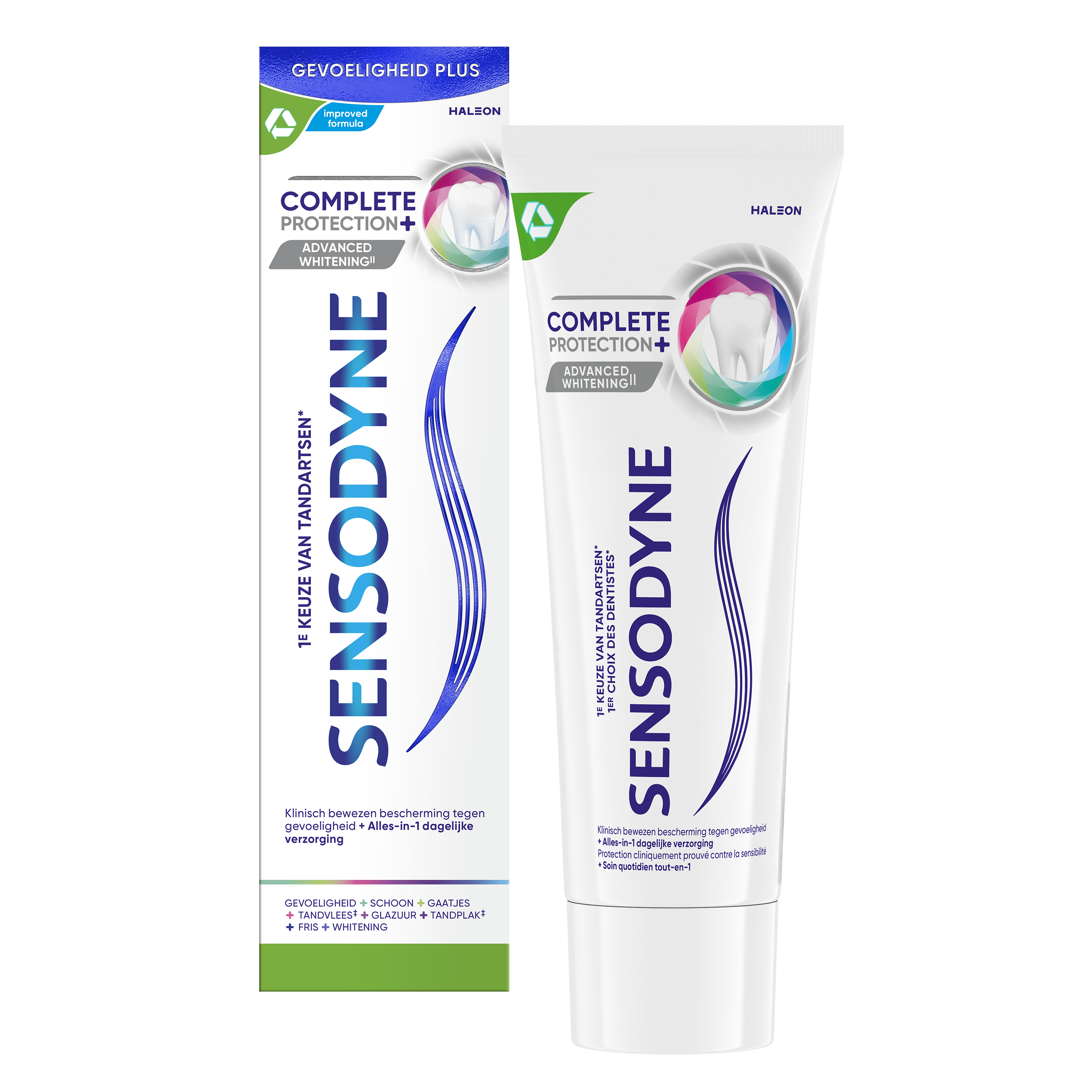 Sensodyne Complete Protection Whitening toothpaste in a 75ml tube, designed for sensitive teeth and brightening smile.