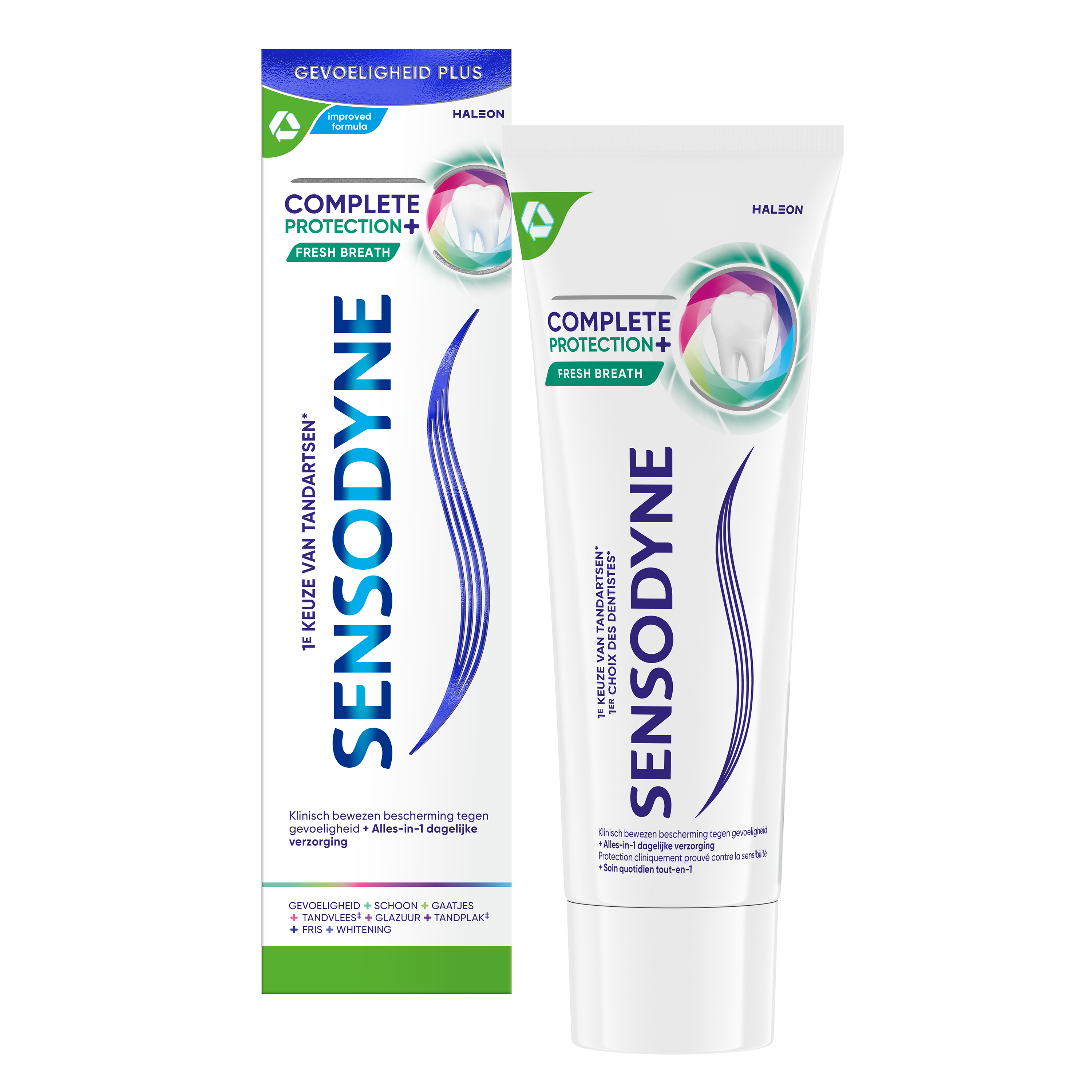 Sensodyne Complete Protection toothpaste with fresh breath flavor in a 75ml tube, designed for sensitive teeth and oral health.