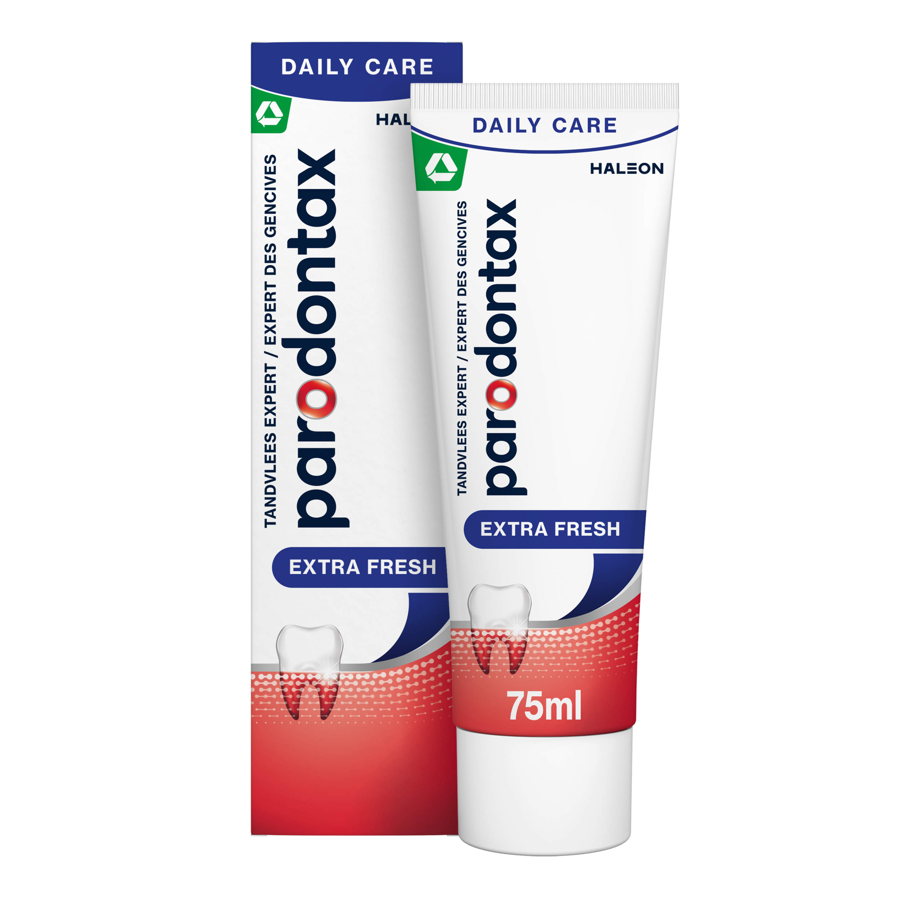 Parodontax Extra Fresh toothpaste 75ml tube showing the toothpaste tube with branding and fresh mint flavor label.