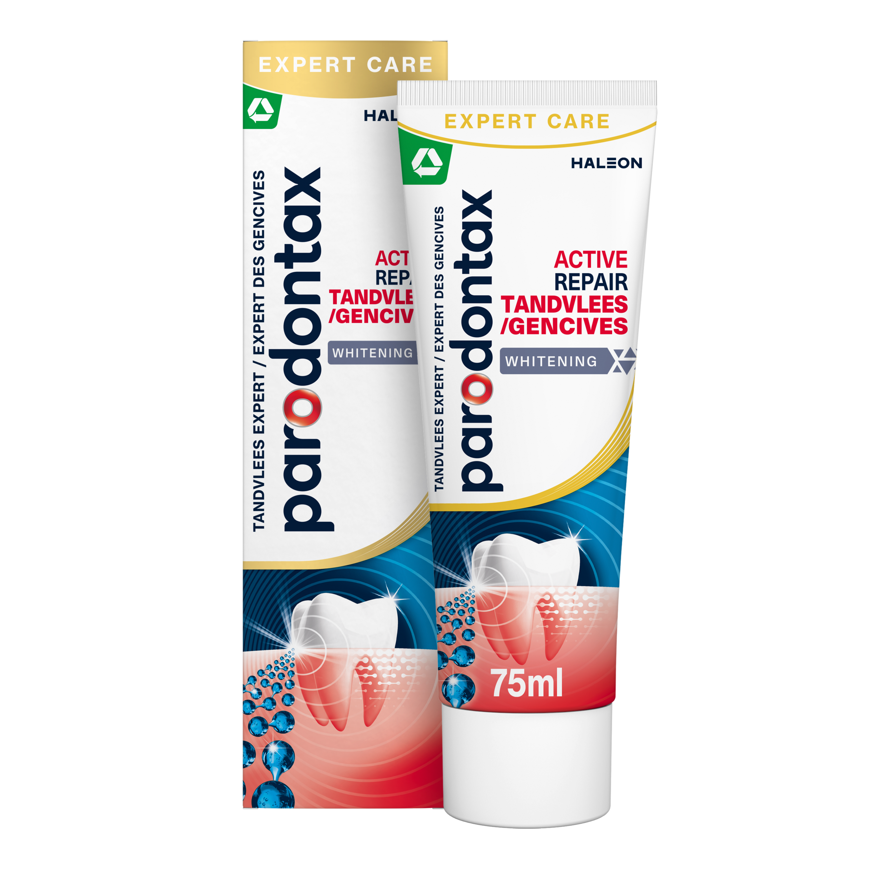 Parodontax Active Gum Repair Whitening toothpaste in a 75ml tube, designed for gum health and brightening teeth.