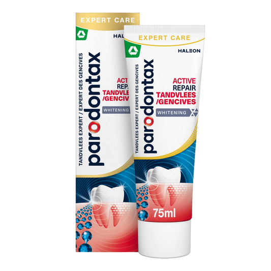 Parodontax Active Gum Repair Whitening toothpaste in a 75ml tube, designed for gum health and brightening teeth.