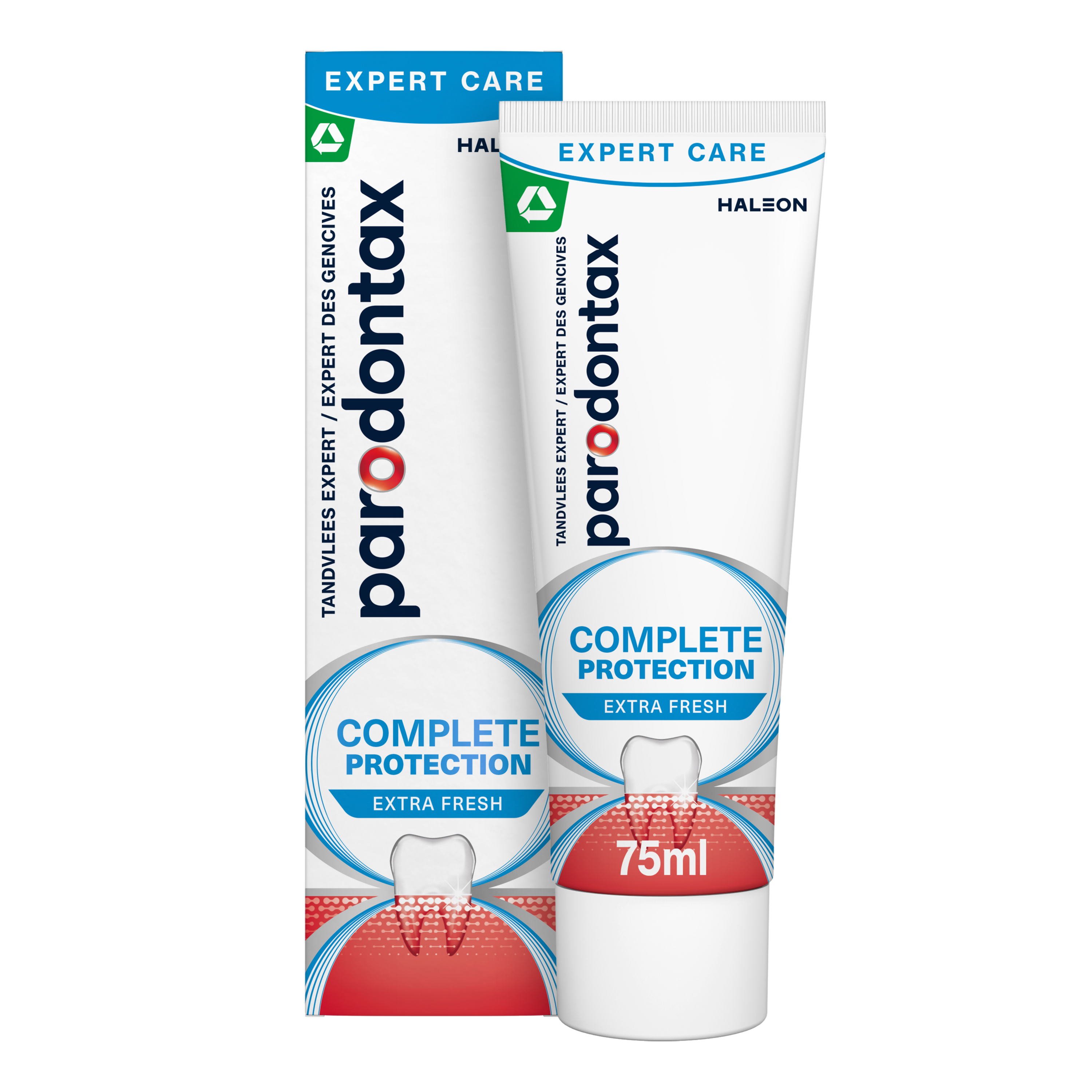 Parodontax Complete Protection Extra Fresh toothpaste in 75ml tube with mint flavor and whitening formula.