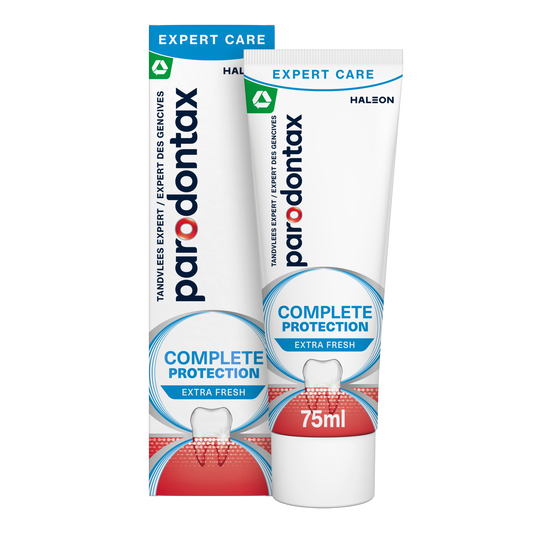 Parodontax Complete Protection Extra Fresh toothpaste in 75ml tube with mint flavor and whitening formula.