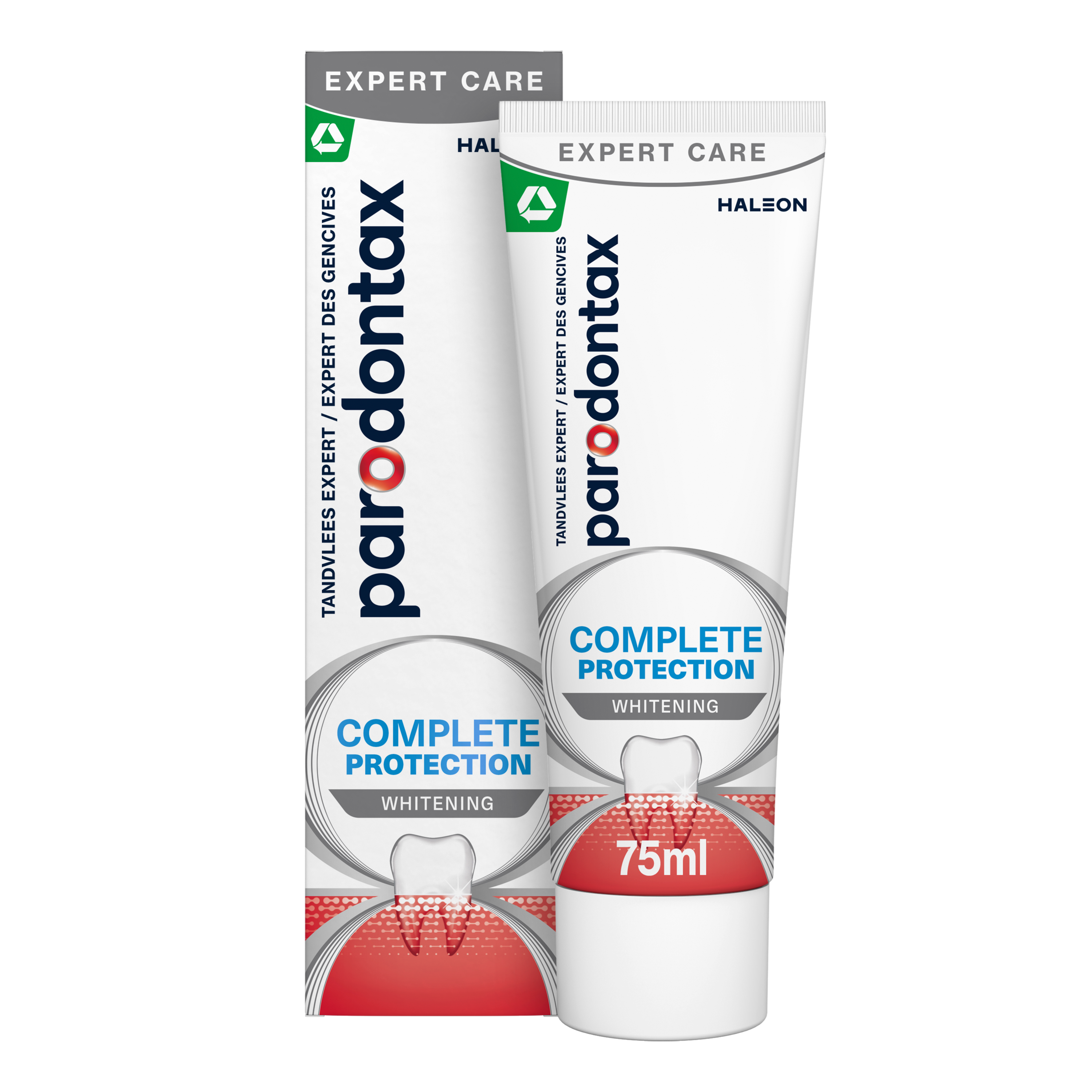 Parodontax Complete Protection Whitening toothpaste in a 75ml tube showing the toothpaste tube with branding and packaging.